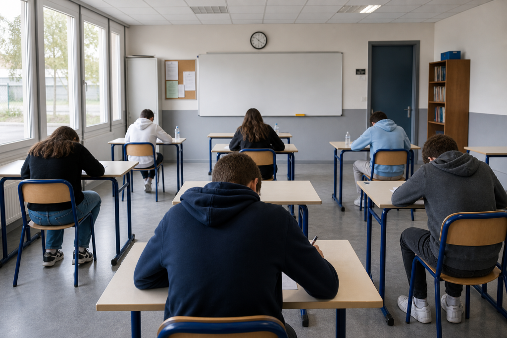 Des élèves composent dans une salle d’examen.